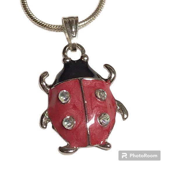 Ladybug Pendant Necklace Crystal Silver Plated 18" Chain Insect Red Enamel - Picture 1 of 12